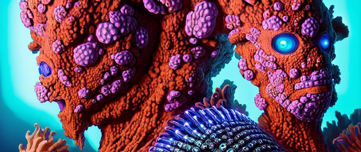 Image similar to hyperrealist highly detailed english medieval portrait of high fashion monster wearing uv light reef armor, radiating atomic neon corals, concept art pascal blanche dramatic studio lighting 8k wide angle shallow depth of field