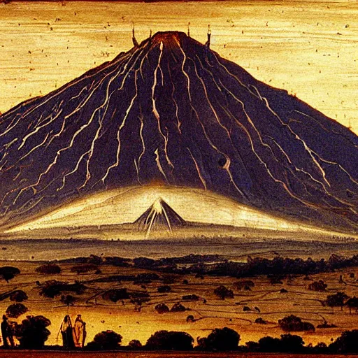 Prompt: medieval painting of Mordor with the mount doom, landscape