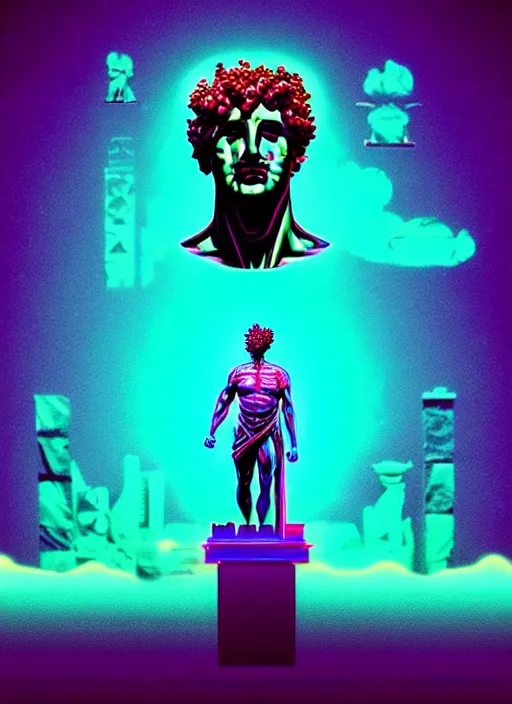 Prompt: statue of dionysus, beeple, android jones, ( ( ( ( ( dan mumford ) ) ) ) ), vaporwave, retrowave, black background, neon wiring, lines, black, glitch, strong contrast, cuts, pinterest, trending on artstation