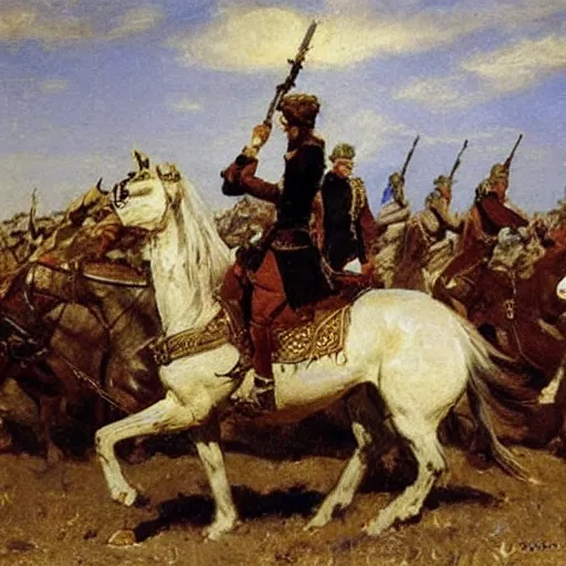 Prompt: action heroine leading an army, by alfred stevens