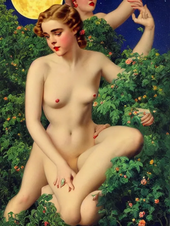 Image similar to Kiernan shipka as the three graces, a beautiful art nouveau portrait by Gil Elvgren and Gerald Brom and Alberto Vargas and Bill Henson, Moonlit forest environment, centered composition, defined features, golden ratio, golden jewelry