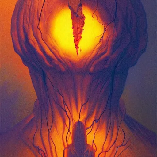 Image similar to Angry Electricity portrait, dark fantasy, blue and yellow, artstation painted by Zdzisław Beksiński and Wayne Barlowe