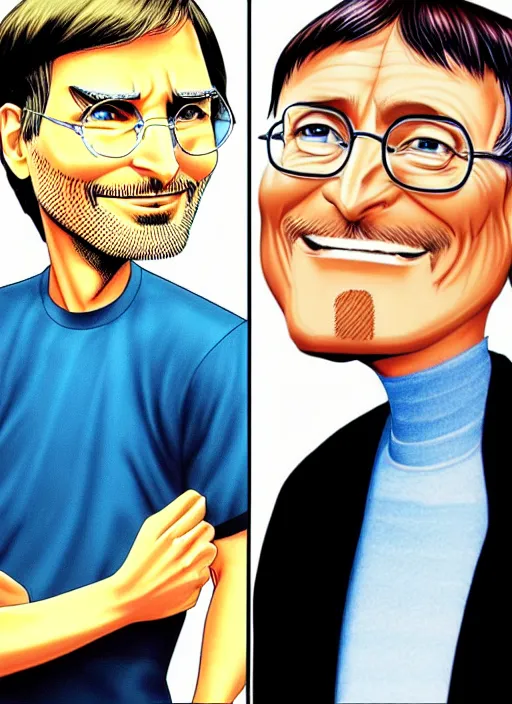 Image similar to steve jobs vs bill gates manga, extremely detailed colors, gorgeous shading, realistic drawing