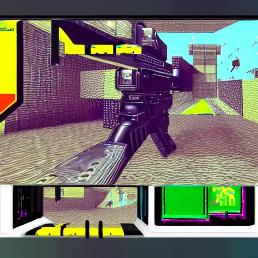 Prompt: first - person shooter, sci - fi first - person - shooter on nintendo 6 4, 1 9 9 9 graphics, low poly graphics, crt tv