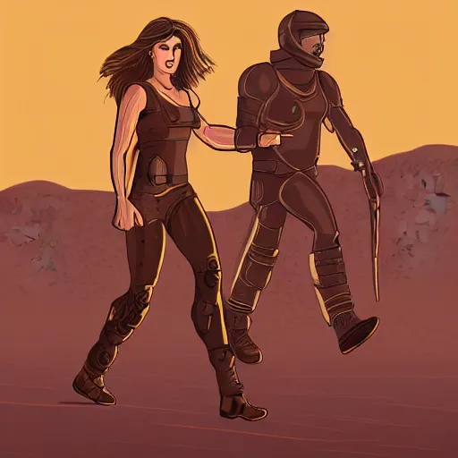 Image similar to smooth detailed vector cutout of retrofuture tattooed stoic heroic emotionless dirty butch blonde woman engineer with very short messy dirty hair, martian dust storm, walking with tall bronze - skinned black - haired hyper - muscular warrior woman, on mars, in dust storm, rough paper, sci fi, behance hd