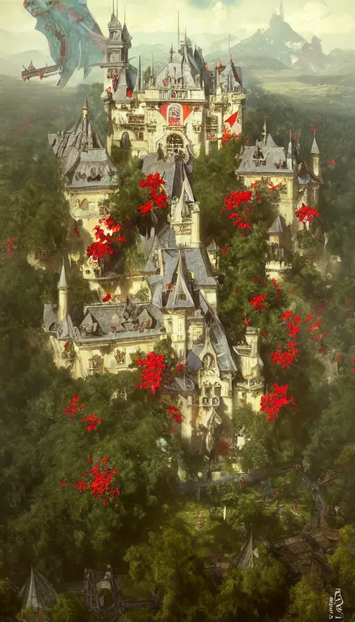 Image similar to castle seen from the sky being attacked by huge red army, cyberpunk, design on white background, beautiful details, lush foliage, drawn by john singer sargent, tom bagshaw, norman rockwell, alphonso mucha, lolish, trending on artstation