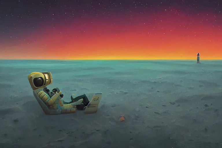 Image similar to astronaut sitting at the beach of an alien planet watching the sunset, surreal photography, dark night, stars, moon light, impressionist painting, clouds, digital painting, artstation, simon stalenhag