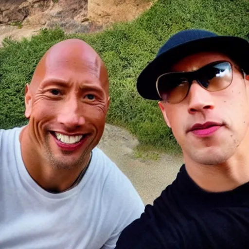 Image similar to selfie taken by Dwayne Johnson with Mark Zuckerberg, wide angle