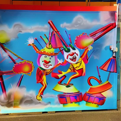 Prompt: dancing laughing clowns, fairground airbrush art on fairground equipment