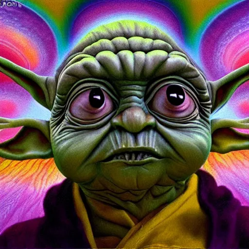 Prompt: portrait ultra dimensional baby yoda tripping on dmt, psychedelic experience, overwhelming self realization and awakening, ultra high definition, unreal engine 5, hyperrealism, masterpiece composition, surrealism by alex grey, salvador dali 8 k photorealistic