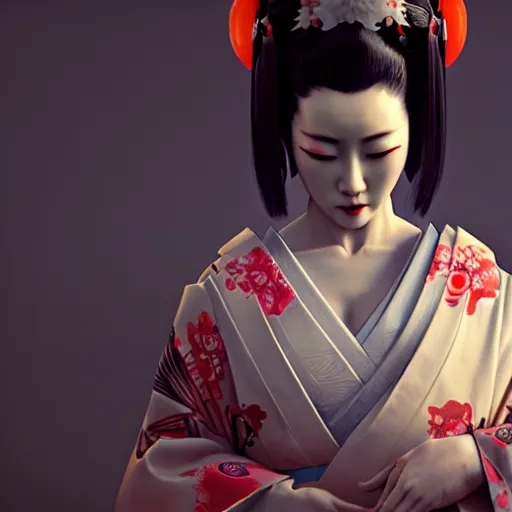 Image similar to an android geisha praying, looking left, wearing a flowing kimono and tattoos, octane render, unreal engine, 8 k, cinematic, artwork by ilya kuvshinov