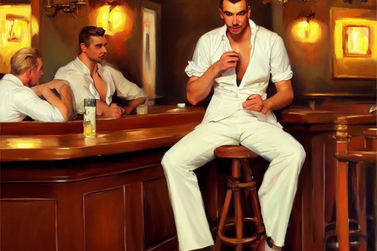 Image similar to attractive man sitting in a bar, painting by vladimir volegov, j. c. leyendecker, tom of finland, trending on artstation