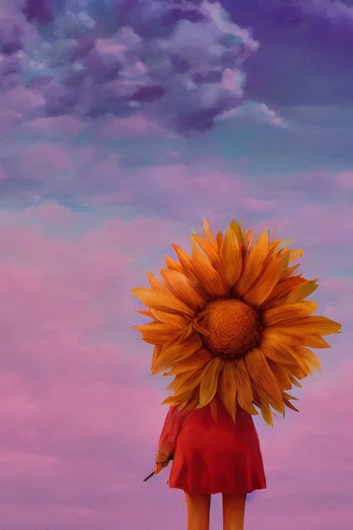 Prompt: closeup, giant flower the head, a girl on beach, surreal photography, wind and cold, dramatic sky, impressionist painting, digital painting, artstation, simon stalenhag
