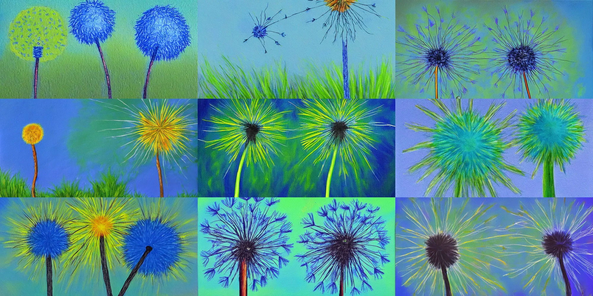Prompt: a dancing blue dandelion in a clear green sky, liminal, artist :'bob ross'style