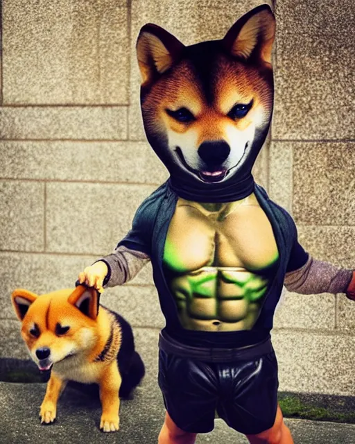 Image similar to a fantasy character with a cute shiba inu head and the incredible hulk body ， cinematic ， unreal 5 ， photography ， 5 5 mm ， aperture f 1. 4