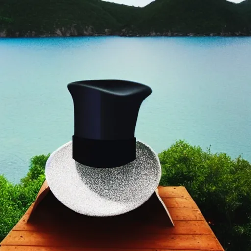 Prompt: a toilet filled with kitchen utensils wearing a tophat, on an island, view from front