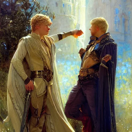 Image similar to stunning arthur pendragon in love with stunning male merlin the mage. they are close to each other. highly detailed painting by gaston bussiere, craig mullins, j. c. leyendecker