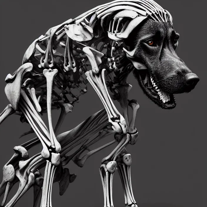 Image similar to belgian malinois, skeleton. intricate artwork. by Tooth Wu, wlop, beeple, dan mumford. octane render, trending on artstation, greg rutkowski, very coherent symmetrical artwork. cinematic, hyper realism, high detail, octane render, 8k, iridescent accents, deep blacks