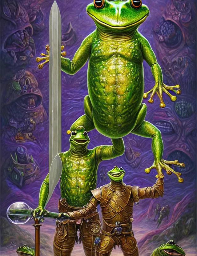 Prompt: anthropomorphic bipedal frog that is wearing full steel plate armor, and holding a colossal sword in his hand, as a matte oil painting and d & d character art, by alex grey, standing, fullbody, floating bubbles, psychedelic, award - winning, extremely detailed, sharp focus