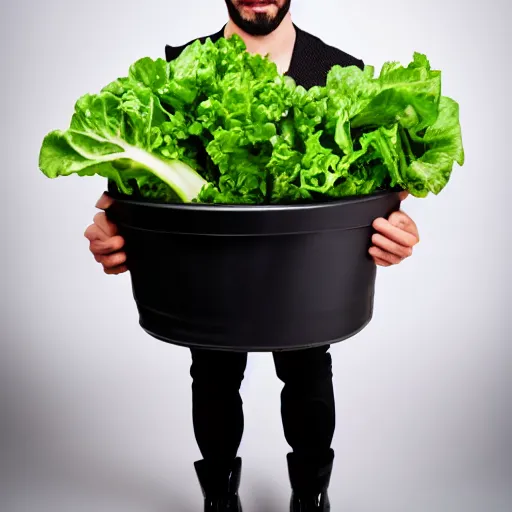 Image similar to man with black pants and black boots standing in a plastic bin of lettuce