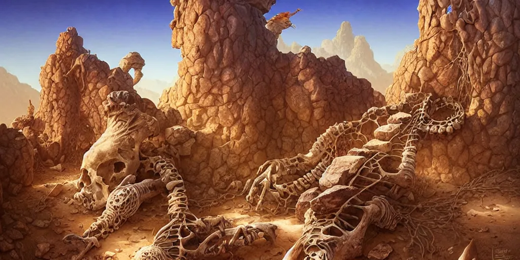 Image similar to a fantasy desert landscape, ruins, bones, rocks, arid ecosystem, digital illustration by michael whelan and leyendecker and artgerm, intricate details, surreal, photorealistic, award winning