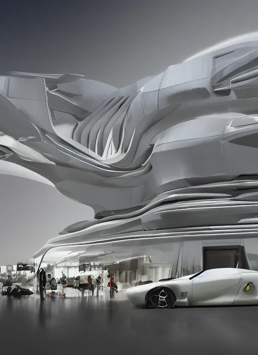 Image similar to sci - fi organic sport car exterior 3 d realistic render in the coronation of napoleon painting sci - fi wall zaha hadid structure