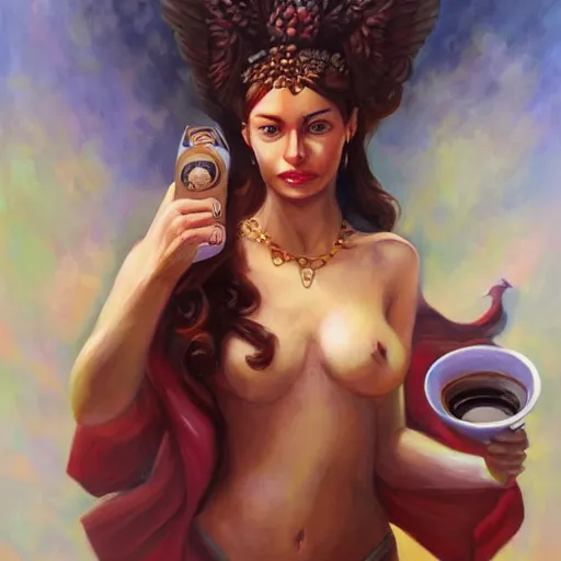 Image similar to goddess of coffee, best on artstation, oil on canvas