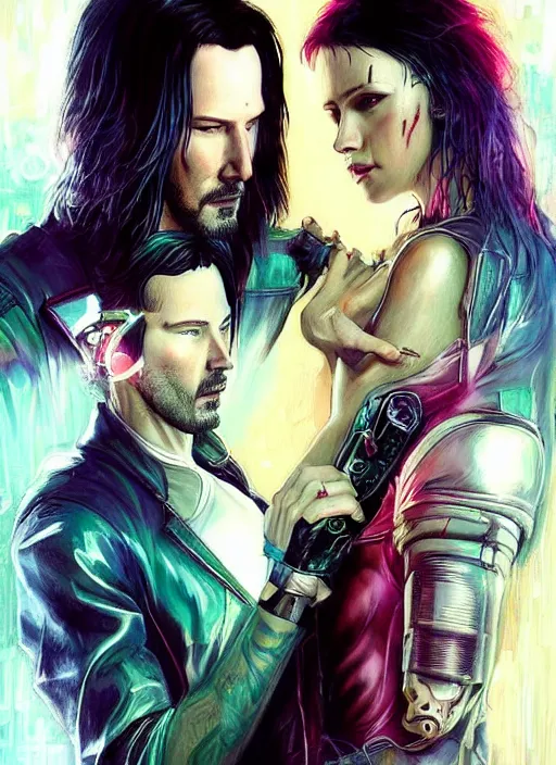 Image similar to a cyberpunk 2077 couple portrait of a Keanu Reeves as johnny silverhand and a female android in final kiss,love,fantasy, intricate, elegant,film lighting,art by John Collier and Albert Aublet and Krenz Cushart and Artem Demura,artstation,deviantart,FAN ART,full of color,Digital painting,face enhance,highly detailed,8K,octane,golden ratio,cinematic lighting