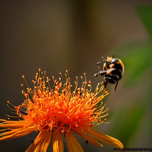 Image similar to a bee trying to reach a flower in a forest on fire, there is fire everywhere, macro photography, ambient light