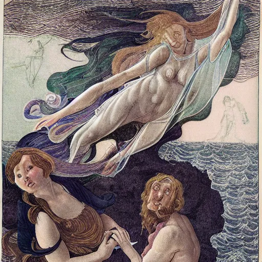 Image similar to iridescent fantastic sharp stream blob jay tea toast bay , by Hans Andersen Brendekilde and Henry Fuseli and Sandro Botticelli , rococo , Marvel Comics , storybook illustration