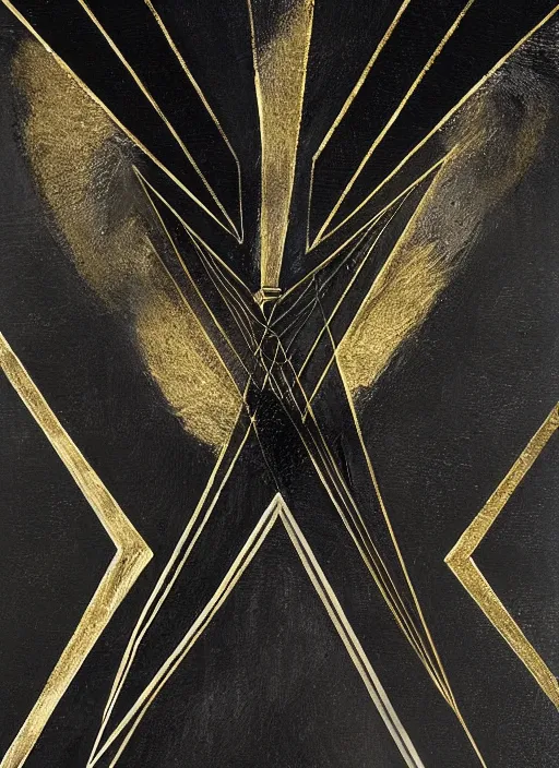 Image similar to black gold silver, crow portrait!!!!!, symmetrical, award - winning painting, abstract, gold and silver shapes, rectangles, geometry, elegant, luxurious, beautiful, pitch black background, dali