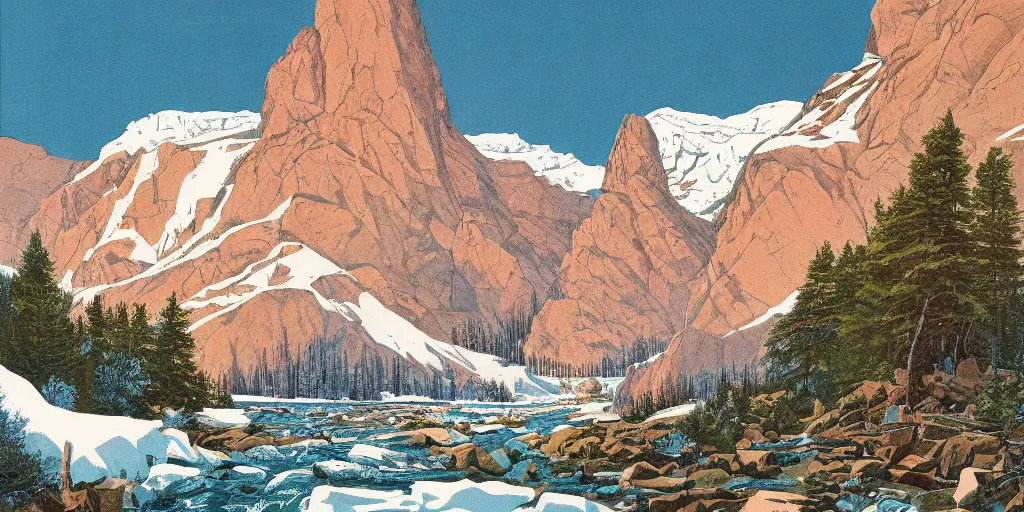 Prompt: beautiful!!!!!!!!!!!! idyllic poster illustration for a craggy ice snow valley canyon national park by ludwig hohlwein, ludwig hohlwein!!!!!!!!!!