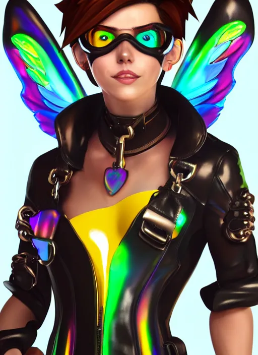 prompthunt: oil painting of tracer overwatch in a field wearing large  leather belt choker around neck, in style of mark arian, expressive face,  detailed face, detailed eyes, full body, feminine face, tracer