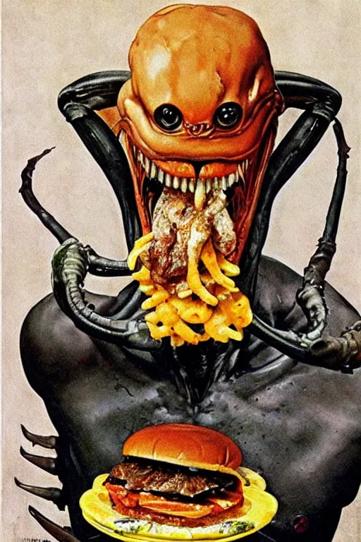 Image similar to alien xenomorph eating a cheeseburger, painted by norman rockwell