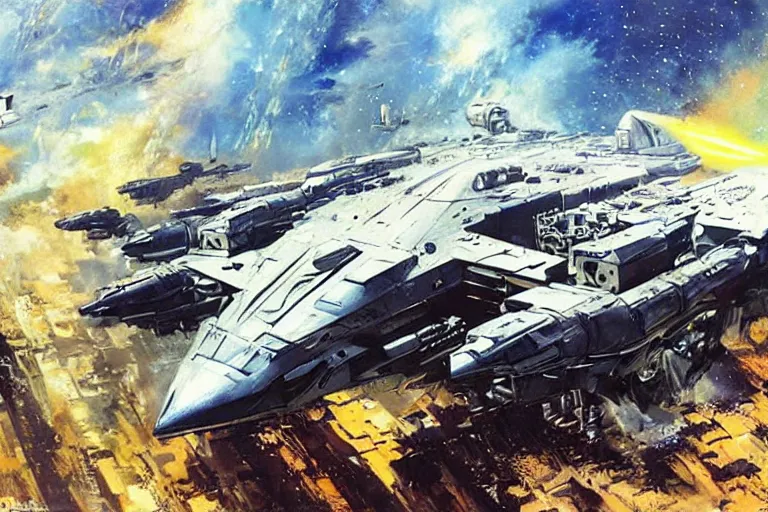 Prompt: a futuristic troop transport with a huge laser cannon on top, painting by john berkey