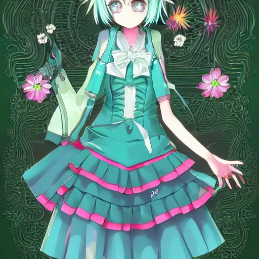 Prompt: hatsune miku short hair, anime style, hyper detailed, light green dress, illustration, digital painting, high delicate defined details, anime stylized, highly detailed, realistic, sharp focus