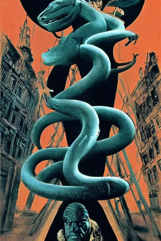 Image similar to poster for the 1 9 7 1 movie'snake'er up ', directed by federico fellini, starring donald sutherland and uncle aloysius, art direction by wayne barlowe, glenn fabry and frank frazetta, cinematography by robby muller ), crisp