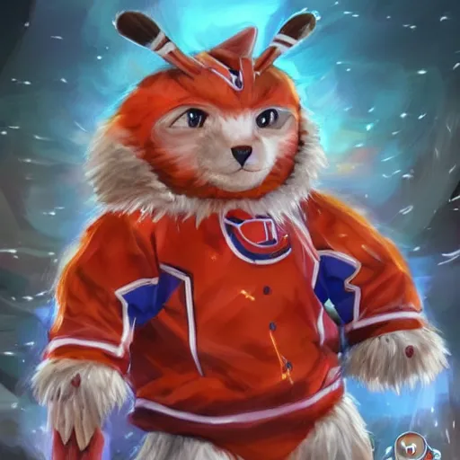 Image similar to anime Portrait of Youppi the Habs Montreal Canadiens Mascot as a very cute powerful and friendly pokemon, highly detailed anime, high evolution, 1990s, legendary, smooth, sharp focus, dynamic lighting, intricate, trending on ArtStation, illustration pokemon, art by WLOP