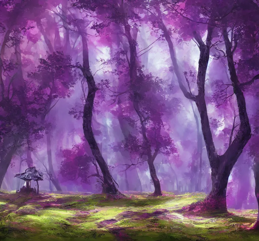 Prompt: purple futuristic solder on forest landscape, acrilic paint, brush paint, heavenly atmosphere, paint, ultra detailed, beautiful image, resolution, artstation
