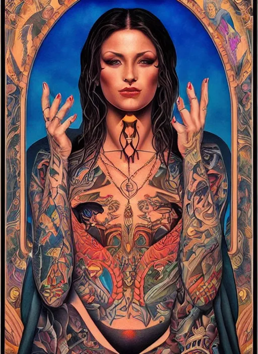 Prompt: beautiful enlightened woman instagram influencer with tattoos, tattooed skin, oil painting, robe, symmetrical face, dark ritual myth, by greg hildebrandt masterpiece