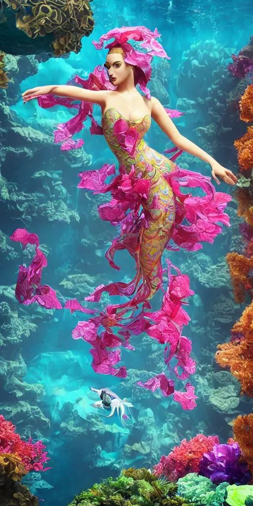 Image similar to #background a underwater city of Atlantis, anthropomorphic betta fish woman wearing a flowing couture dress made out of paper blue Bougainvillea, paper flowers, many origami betta fish, Origami coral, magestic light, 3D, very detailed, octane render, trending ArtStation, artgem