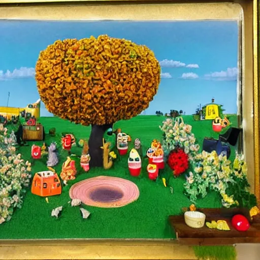 Prompt: the far side brash, rich details by richard scarry, by rachel maclean. a beautiful assemblage depicting a farm scene. the assemblage shows a view of an orchard with trees in bloom.