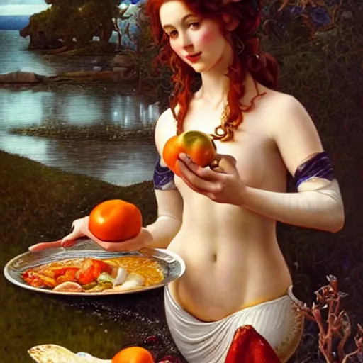 Prompt: realistic Kitchen scene with a cook presenting a beautyful cooked mermaid lying on a platter with an apple in her mouth, drawn by Donato Giancola and Tom Bagshaw face by Artgerm and Edmund Leighton