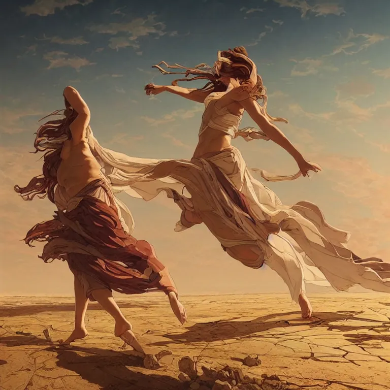 Prompt: A greek goddess trudging across a vast desert under an unrelenting sun. award winning. superb resolution. in the art style of greg rutkowski and alphonse mucha. Detailed post-apocalyptic wasteland in background. Hyper realistic. Perfect art.