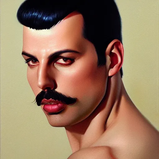 Image similar to of an ultradetailed beautiful portrait panting of freddie mercury, front view, oil painting, by ilya kuvshinov, greg rutkowski and makoto shinkai