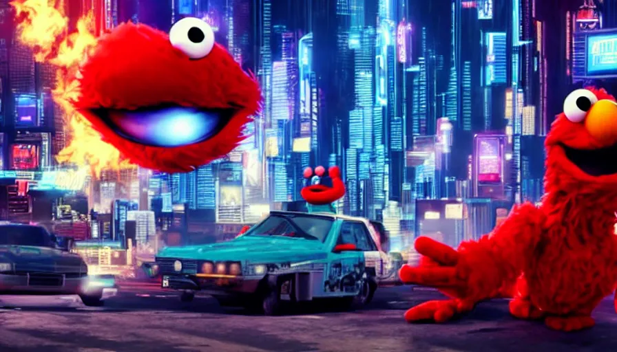 Image similar to elmo performs a drive - by shooting in cyberpunk night city