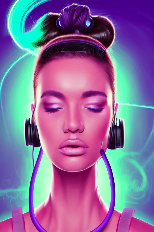 Image similar to a award winning half body portrait of a beautiful woman with stunning eyes in a croptop and cargo pants with ombre purple pink teal hairstyle with headphones on her ears by thomas danthony, surrounded by whirling illuminated lines, outrun, vaporware, shaded flat illustration, digital art, trending on artstation, highly detailed, fine detail, intricate