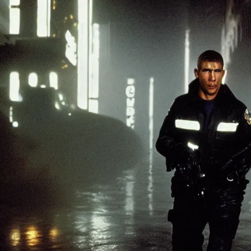 Image similar to film still blade runner Officer Deckard wearing Acronym + Nike ACG techwear