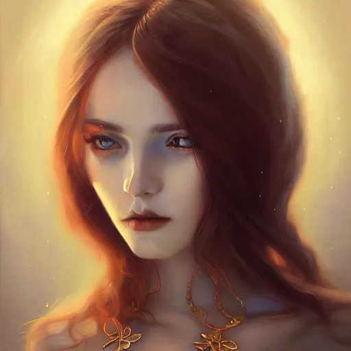 Image similar to ! beautiful female portrait, inner glow, symmetric face, flowing hair, moonlight, gemstone necklace, by wlop, by tom bagshaw, by gallen - kallela trending on artstation,