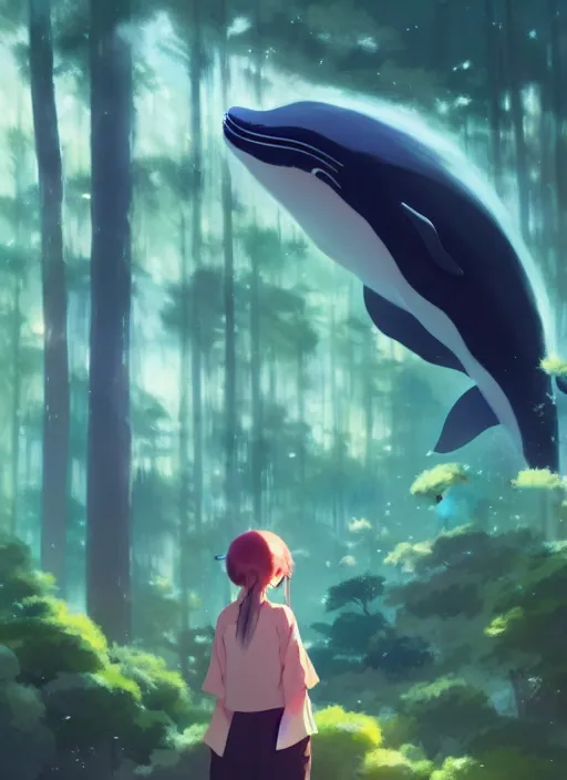 Prompt: girl standing near a window, forest outside, but a whale is just passing by in the air, illustration concept art anime key visual trending pixiv fanbox by wlop and greg rutkowski and makoto shinkai and studio ghibli